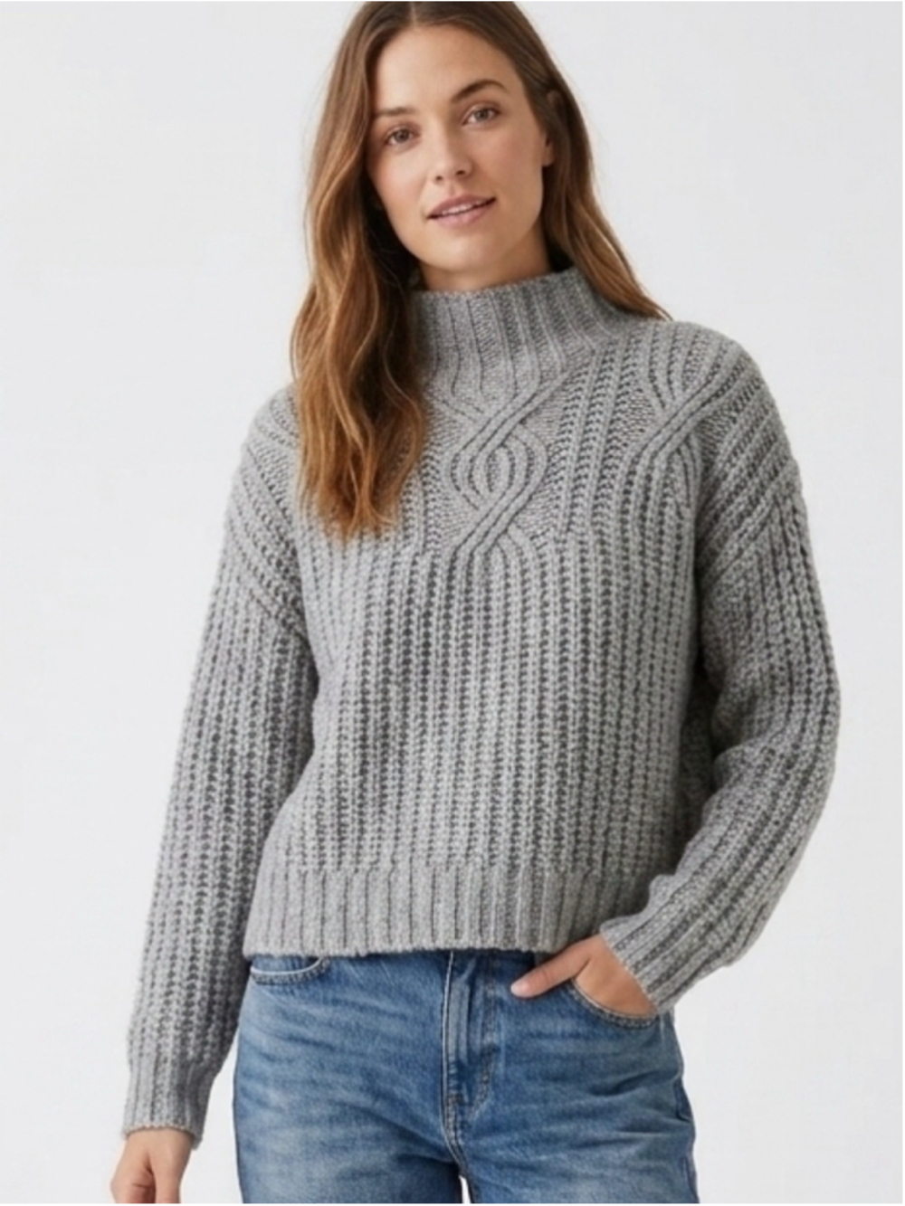 Women's Aerie Grey Chunky Cable Knit Mock Neck Wool Blend Sweater - Small - 746